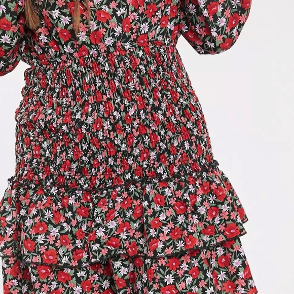 Petite high neck shirred mini smock dress in ditsy print - Picture 2 of 5